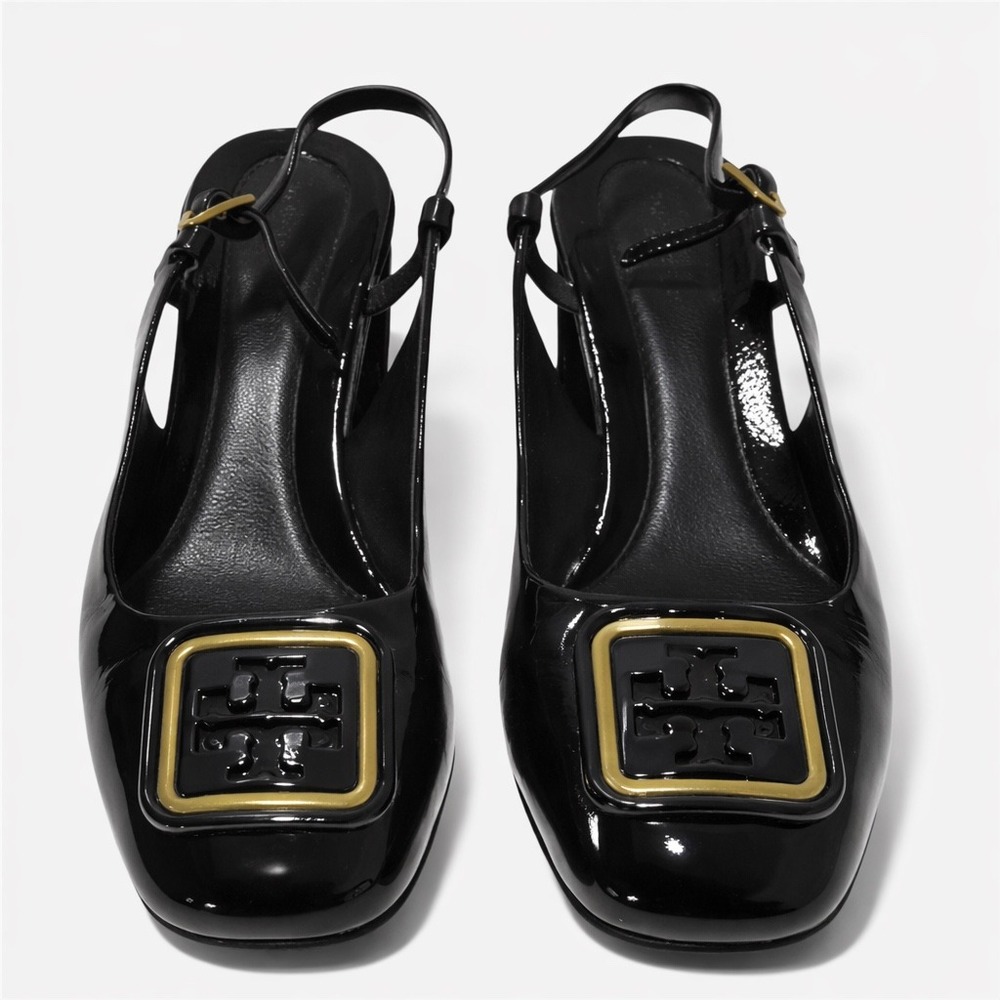 Tory Burch Slingback Pumps Womens 6M‎ Black Good Patent Leather Block Heel Logo